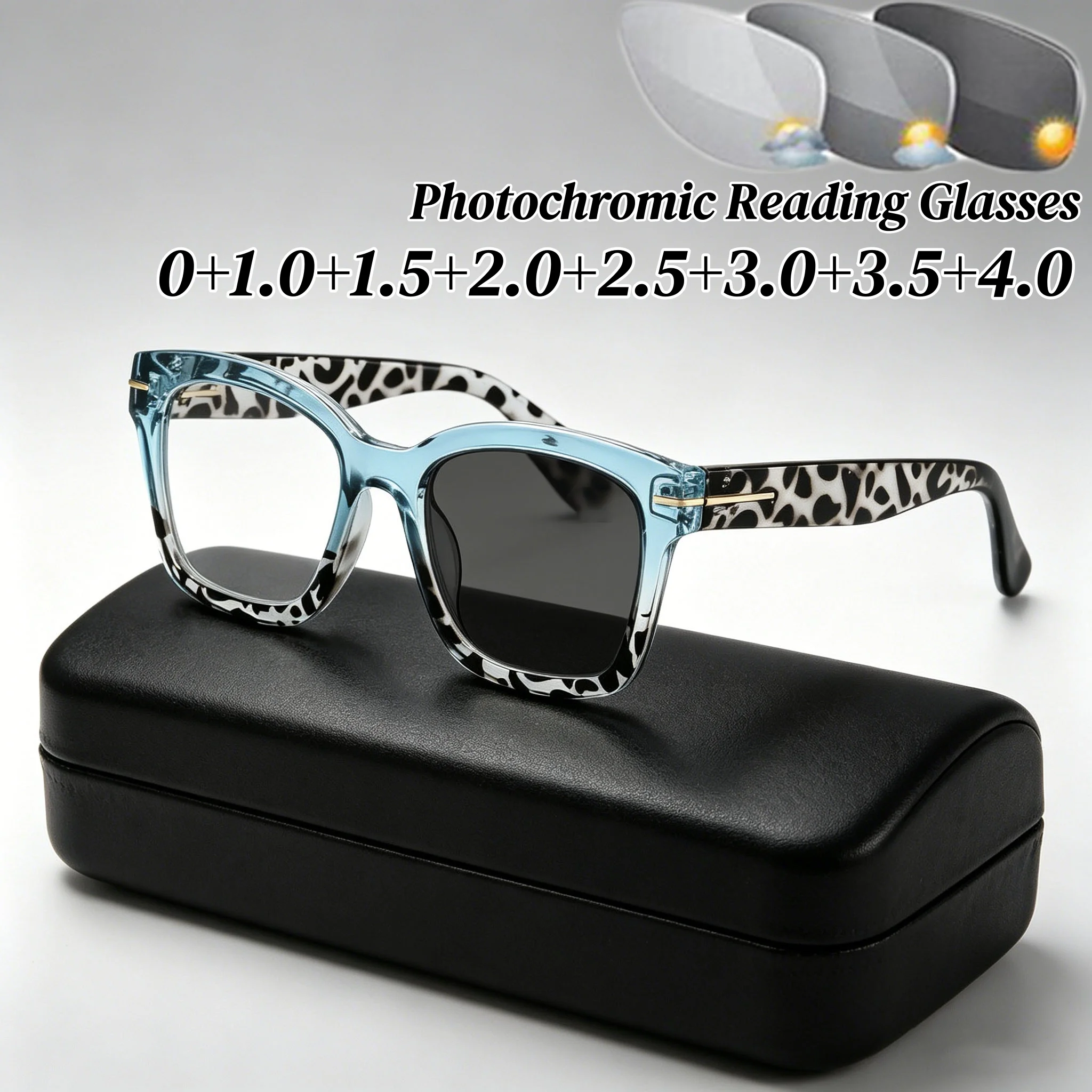 

Women's Oversize Square Frame Photochromic Reading Glasses Retro High Quality Anti Blue Light Color Changing Presbyopia Glasses