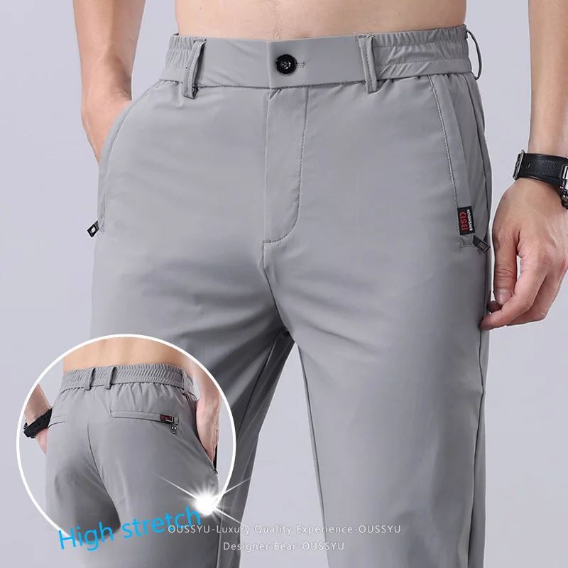 

Summer Thin High Stretch Men's Casual Pants Zippered Pocket Elastic Waist Sweatpants Slim Straight Joggers Suit Trousers Man 38