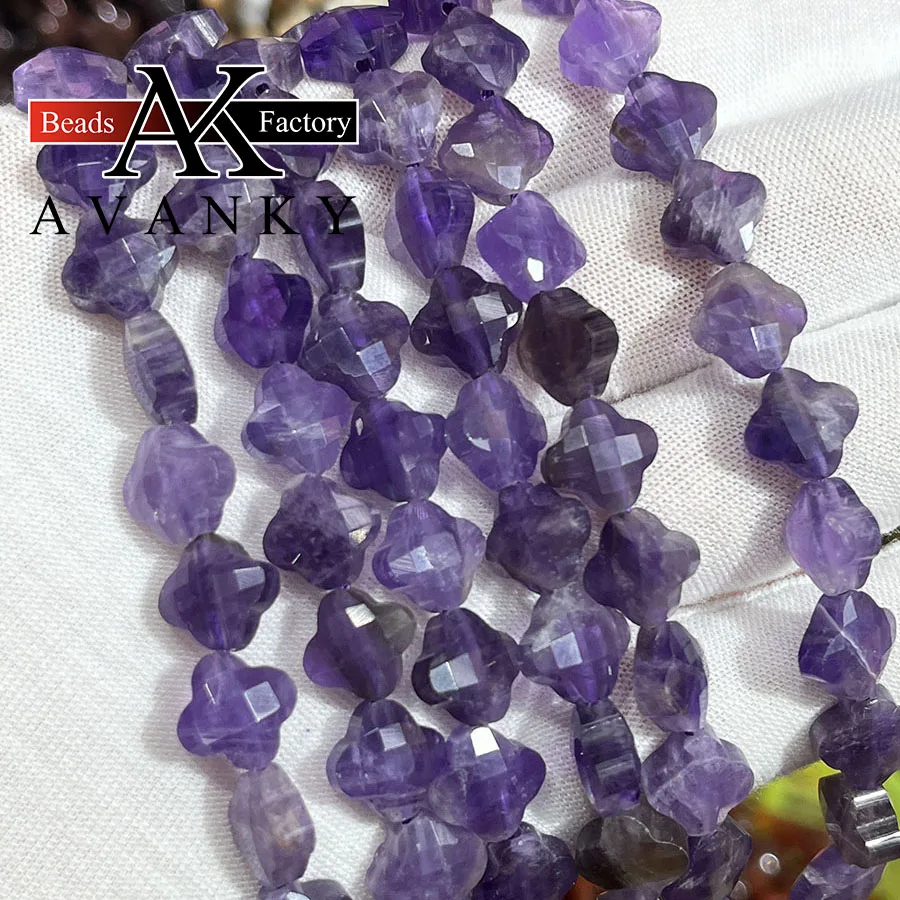 

Natural Stone Amethyst Clover Shape Beads Flower Crystal Faceted Jewelry Making DIY Necklace Bracelet Accessory 15'' 10mm 13mm