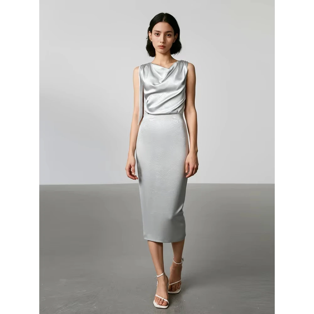 

Women's Elegant Pile Collar Dress Ladies Girls Glossy Fabric Long Dresses Office Lady Summer Women Dress