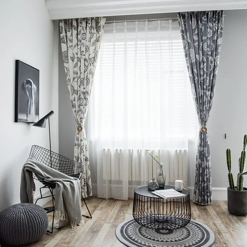 

Ins Nordic Wind Matching Colored Linen Curtain New Modern Curtains for Living Room Bedroom Balcony High Shading Printing Concise