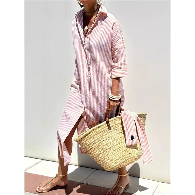 ABP-Vestido camisero para mujer, informal, con solapa, manga 3/4, cuello abotonado, lazo con abertura, vestido maxi resort