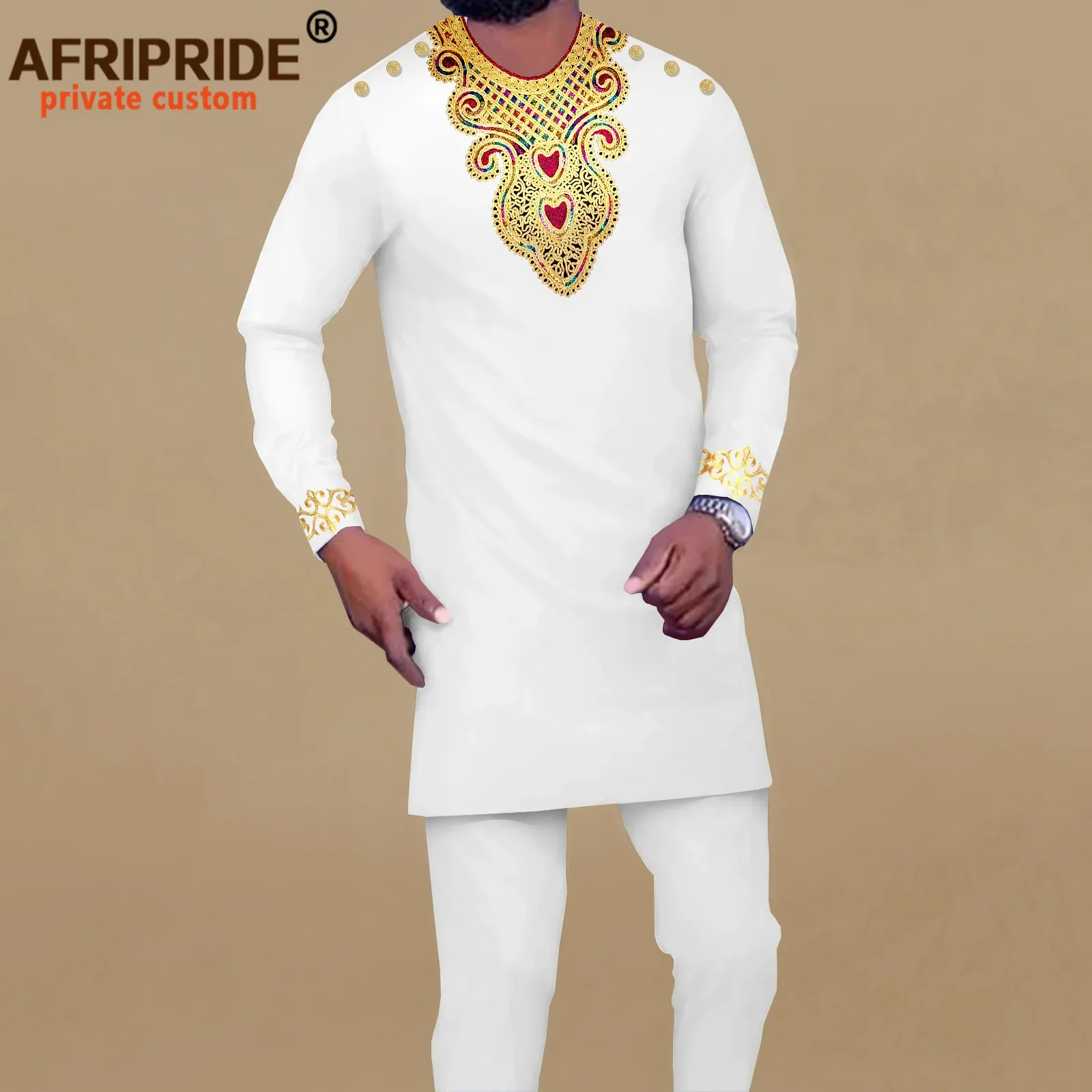 African Men Clothing Embroidery Shirts and Trousers 2 Piece Set Bazin Riche Kaftan Classic Men Outfit Muslim Suit A2216022