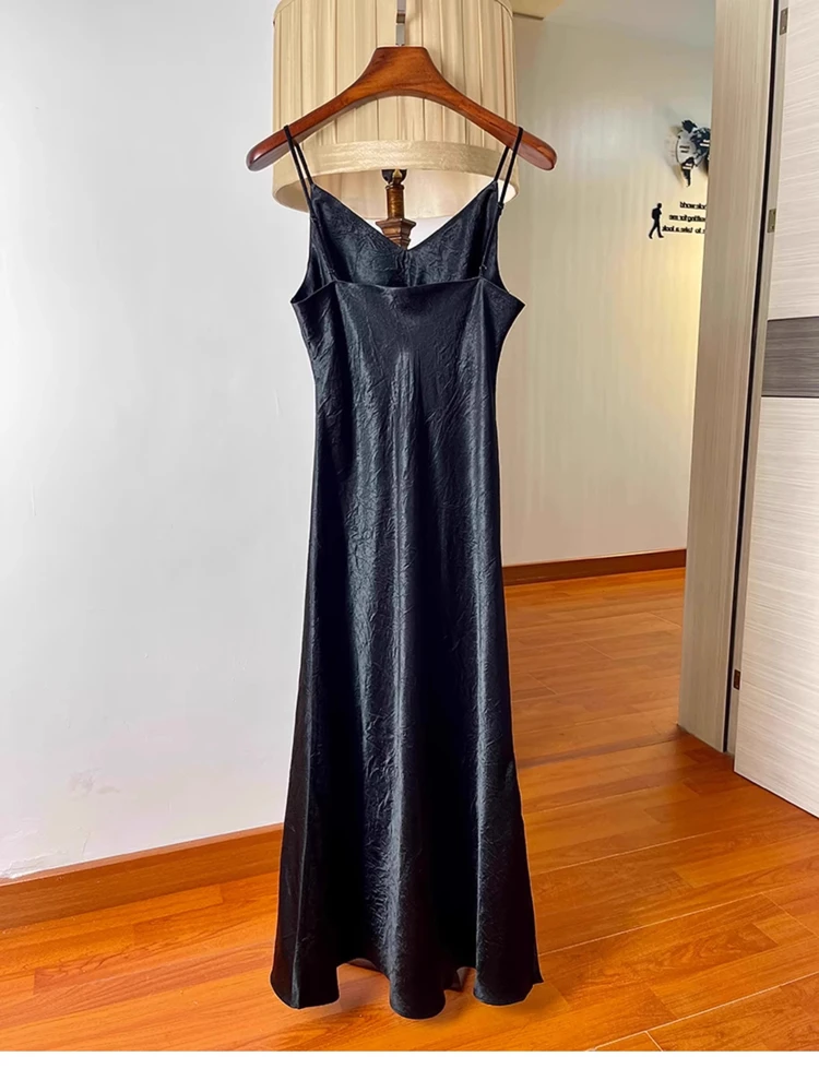 Vestido de Seda y Satén para Mujer, Corte Entallado, Verano, Elegante, con Tirantes de Acetato, Plisado, Escote en V, Estilo Svel