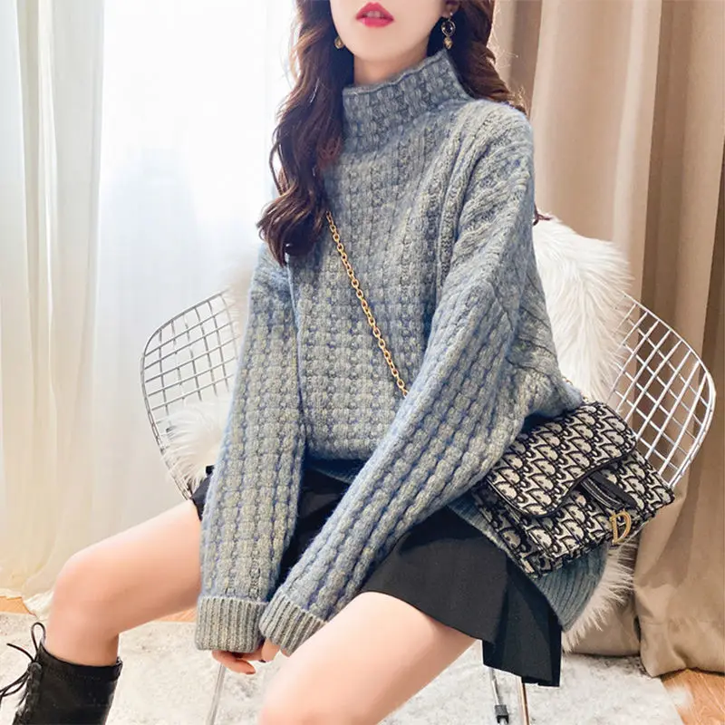 Women Autumn and Winter Fashion New High Neck Lazy Style Sweater Solid Thickened Loose Knit Pullover Casual Long Sleeved Tops