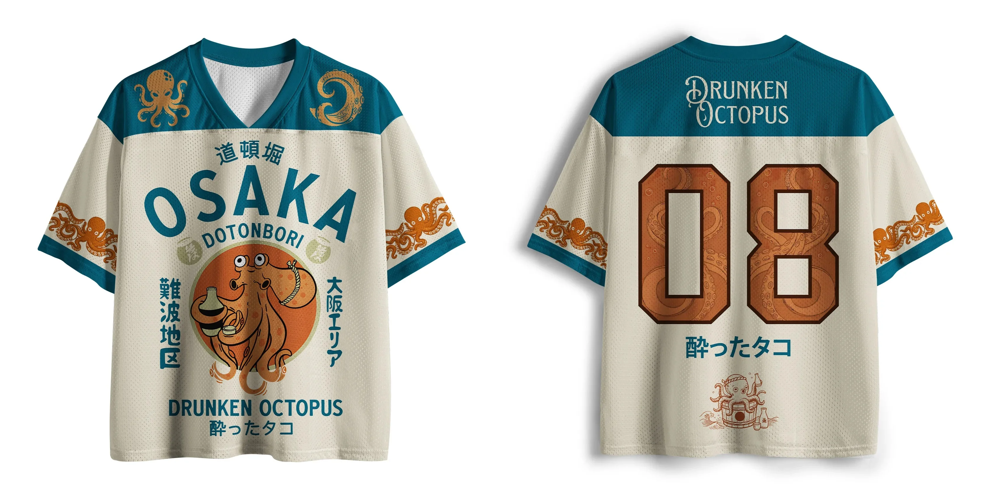 Vintage Drunken Octopus Japan 3D Printed Jersey Men Summer Harajuku Outdoors Breathable Quick Drying R Clothing Family Kids Tees
