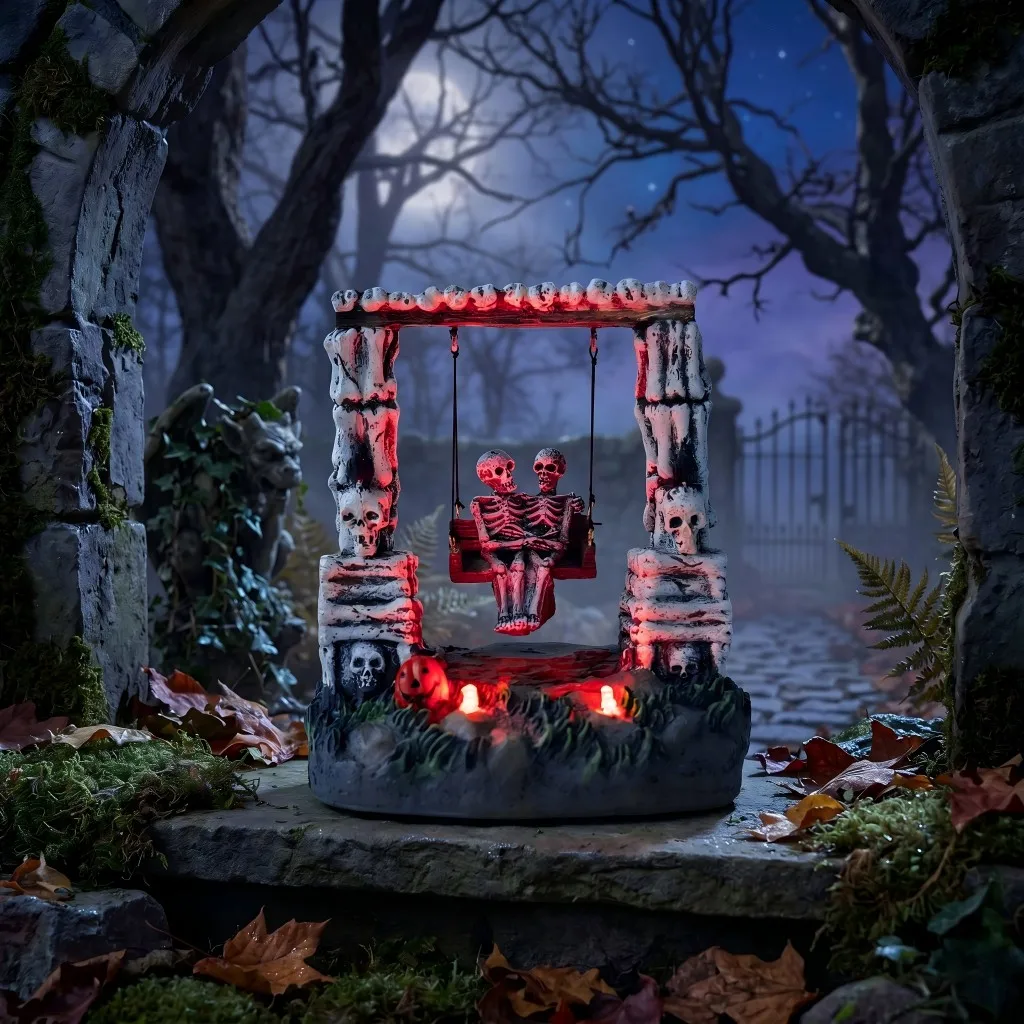 Halloween Decor Swinging Skeleton Couple Figurine, LED Light Up Spooky Village Statue, Animated Ghost Festival Tabletop Ornament