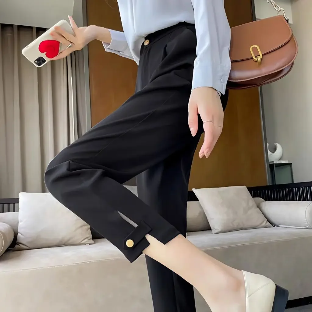 New Black Suit Pants for Women 2024 Spring/summer Straight Barrel Irregular High Waist Casual Cropped Wide Leg Pants B198