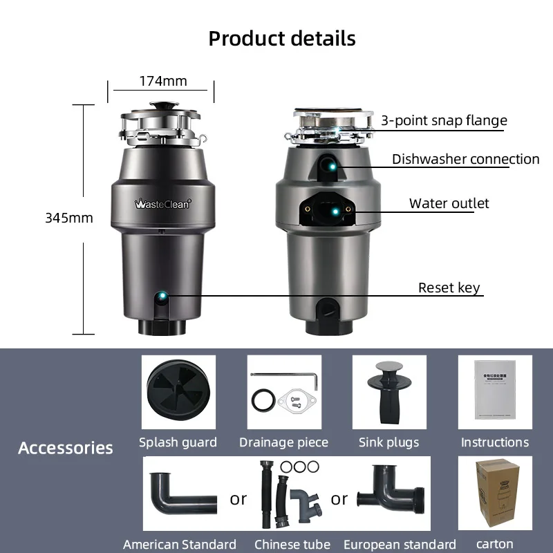 Electric Household Food Waste Grinder with Dynamic Balance Technology Dishwasher Interface Sink Garbage Disposer Factory Outlet