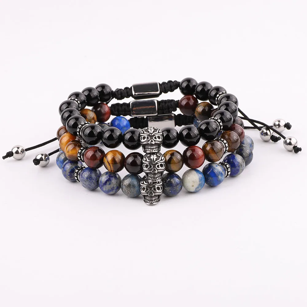 

Top Quality Natural Stone Stainless Steel Skull Black Agate Gemstone Macrame Bracelet For Men Jewelry Gift