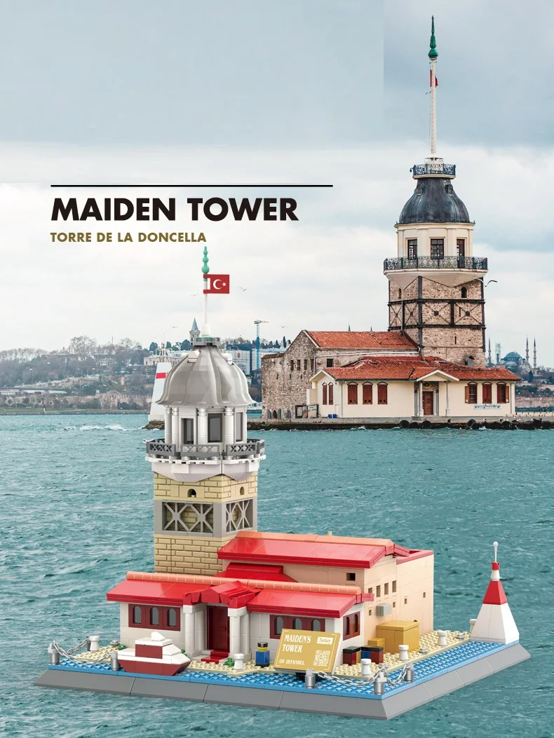 Turchia Istanbul Girl Tower Architecture Modello di mattoni - Costruzioni con vista stradale assemblato Giocattolo regalo per età superiore ai 10 anni