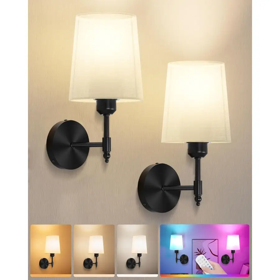 

Battery Operated Wall Sconces Set of 2, Wireless Rechargeable Dimmable Wall Light with RGB Bulb and Remote for Bedroom, Living R