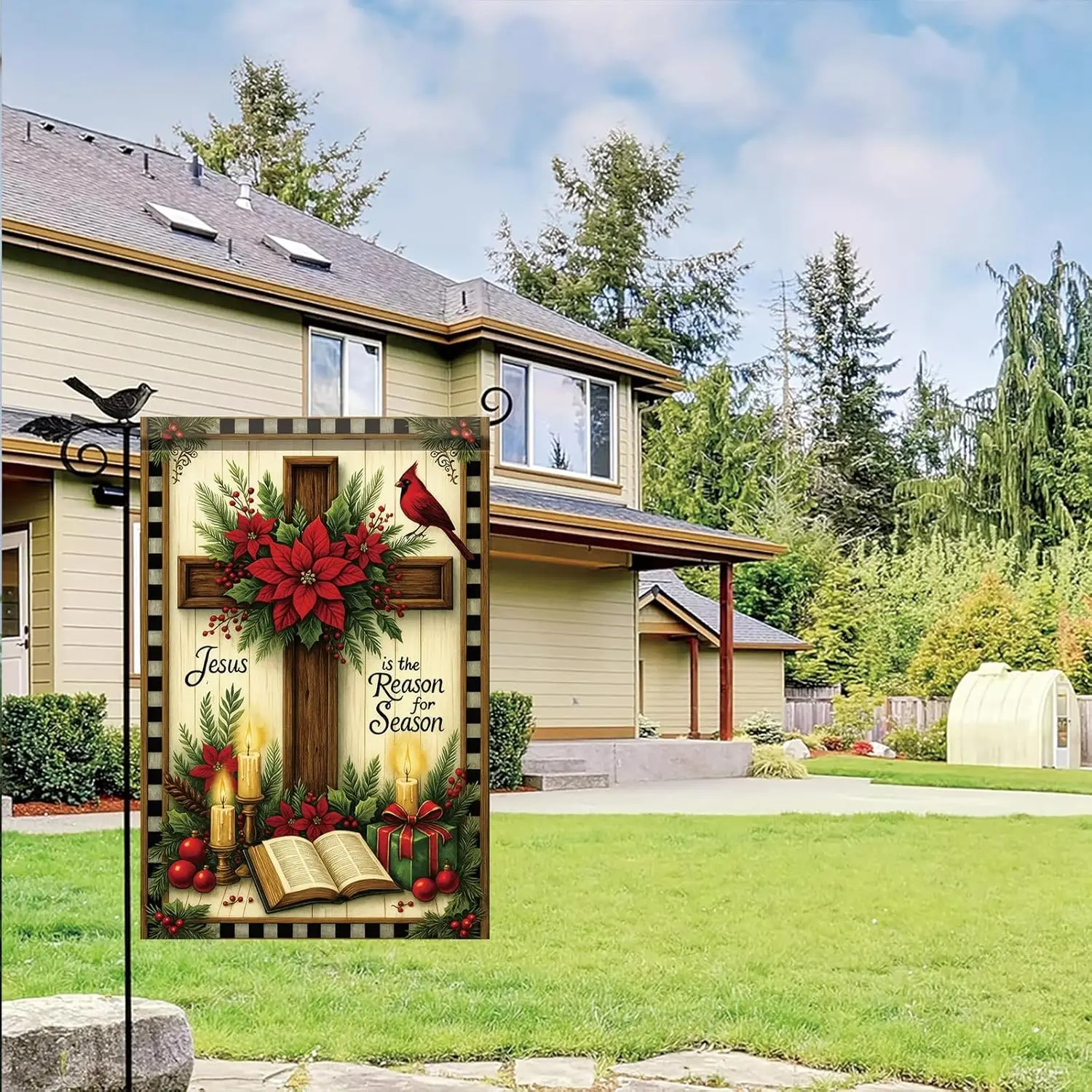 عيد الميلاد حديقة العلم يسوع هو سبب الموسم الصليب الكتاب المقدس البونسيتة 12x18 بوصة مزدوجة الوجهين في الهواء الطلق ساحة راية FFI