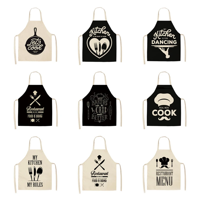 1pcs Kitchen cotton and linen aprons, monogrammed black and white patterned aprons, sleeveless aprons, cooking and baking tools