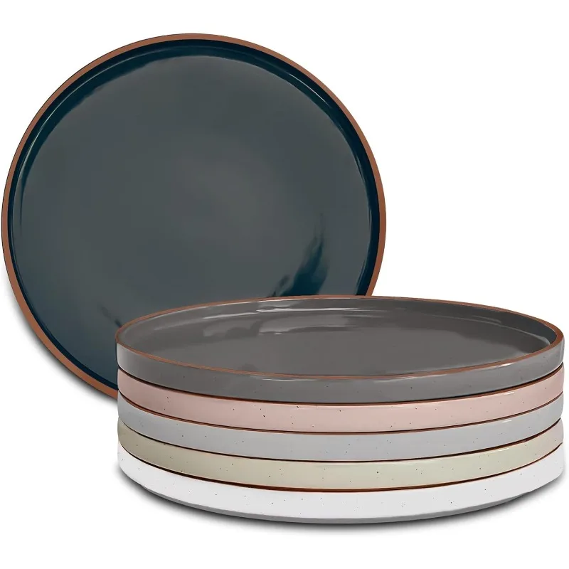 

Ceramic Flat Dinner Plates Set of 6, 10.5 in High Edge Dish Set - Microwave, Oven, and Dishwasher Safe, Scratch Resistant,