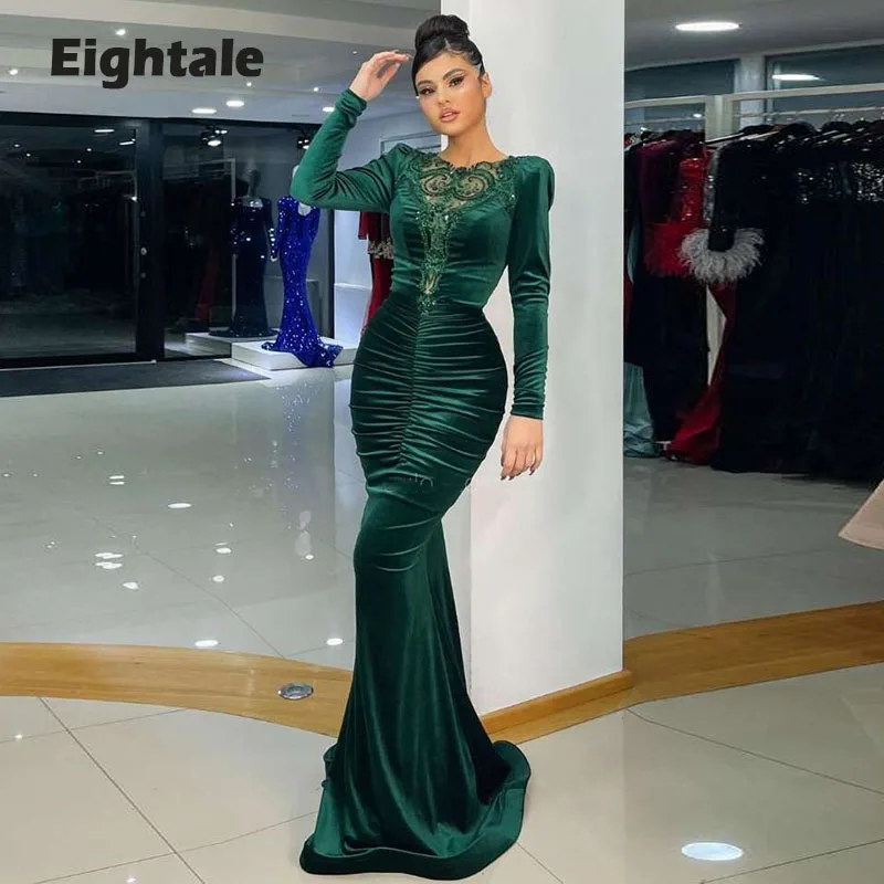 Eightale Vevet Evening Dresses O-Neck Appliques Mermaid Prom Gown Long Sleeves Dark Green Arabic Customized Party Dress