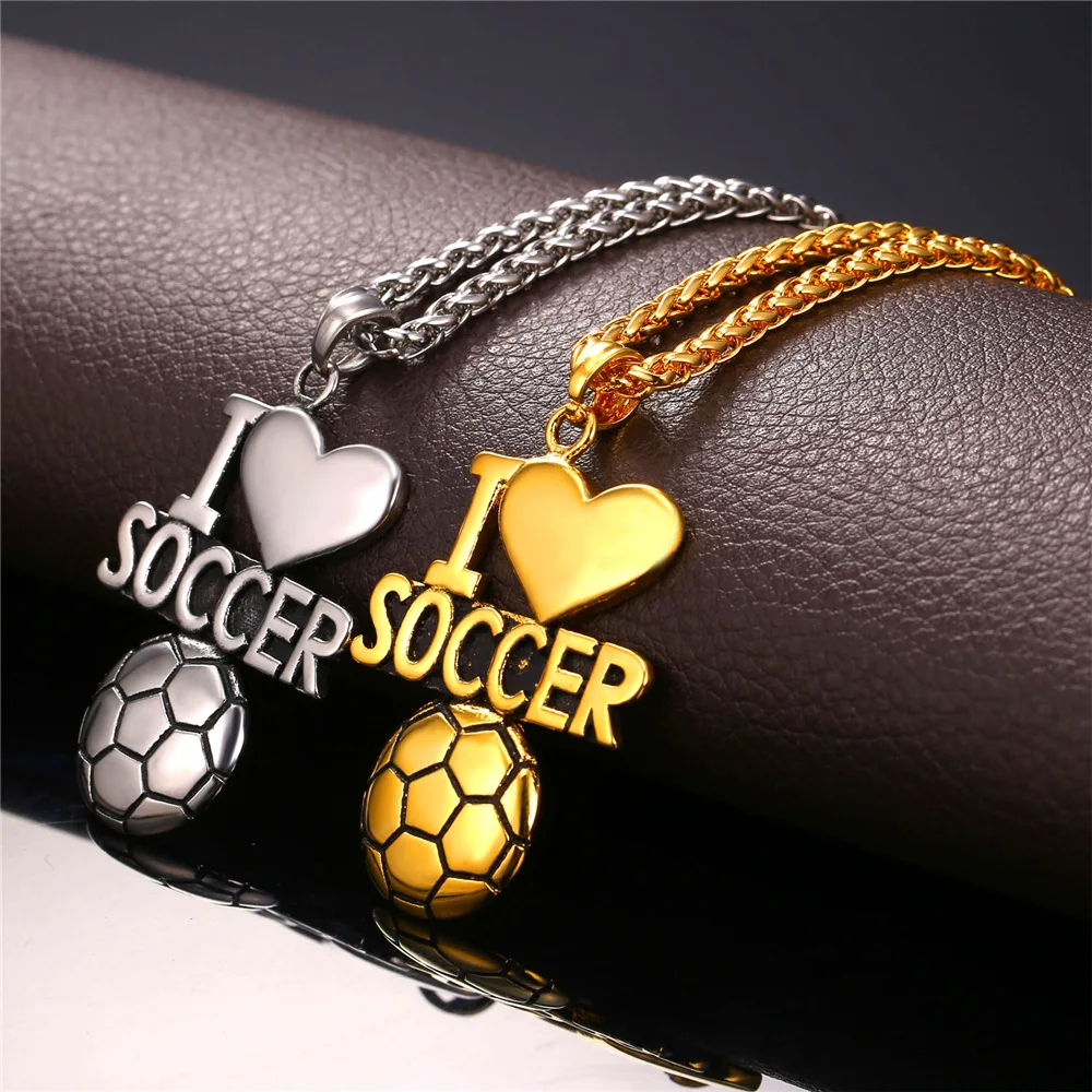 Collare Ball Soccer Necklaces & Pendants Gold Color Stainless Steel Bodybuilding Love Necklace Sport Fitness Men Jewelry P049