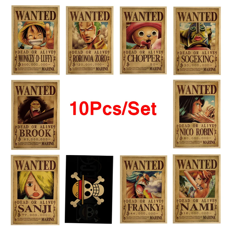 10Pcs Set One Piece Luffy Kraft Paper Bounty Poster Zoro Nami Nico Figures Anime Decorative Painting Wanted Posters Kid Toy Gift