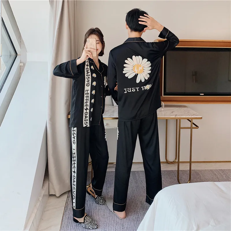 Men Silk Nightwear Lovers Long Sleeve pyjamas Soft Home Suit Couple Pajamas women's Sleepwear Sets