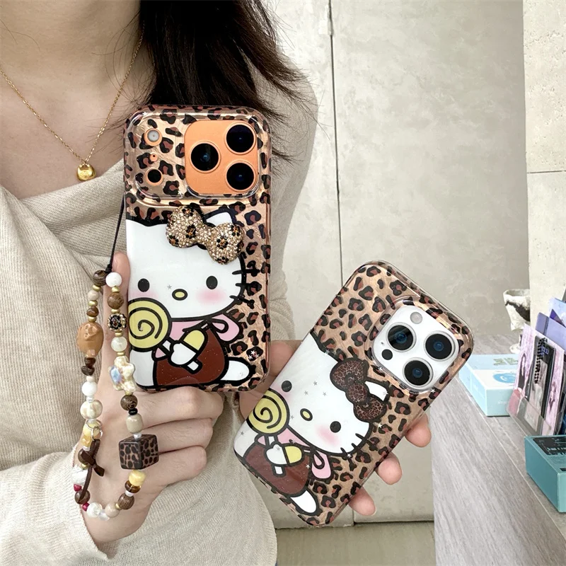 

Fashion Cute 3D Diamond Bow Hellokitty Leopard Print Phone Case For iPhone 17 Pro 16 15 14 Pro Max Cover with Chain Shockproof C