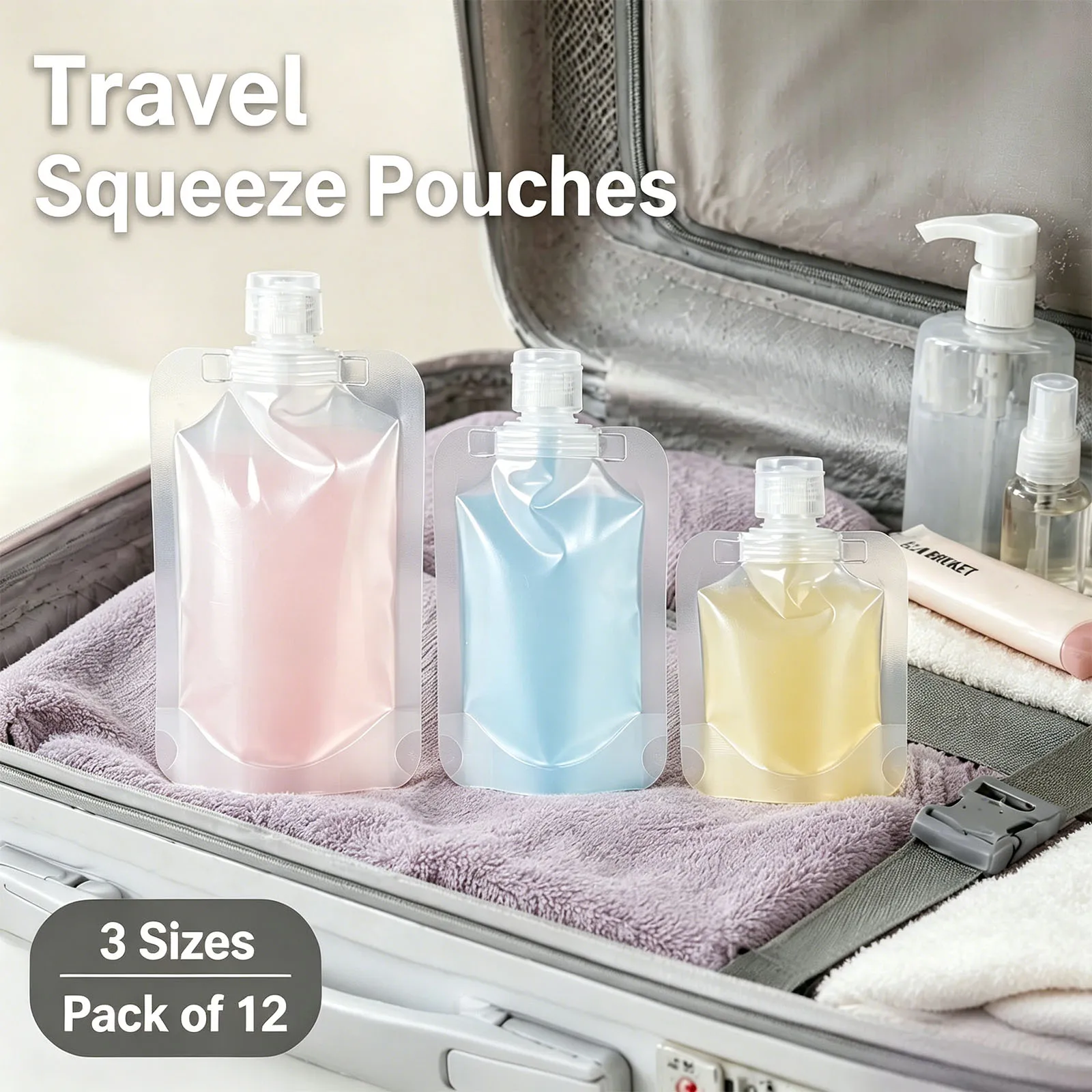 12Pcs Travel Fluid Packing Bag 30/50/100ml Portable Squeeze Liquid Pouch Stand Up Plastic Drink Bag Empty Refillable Fluid Pouch