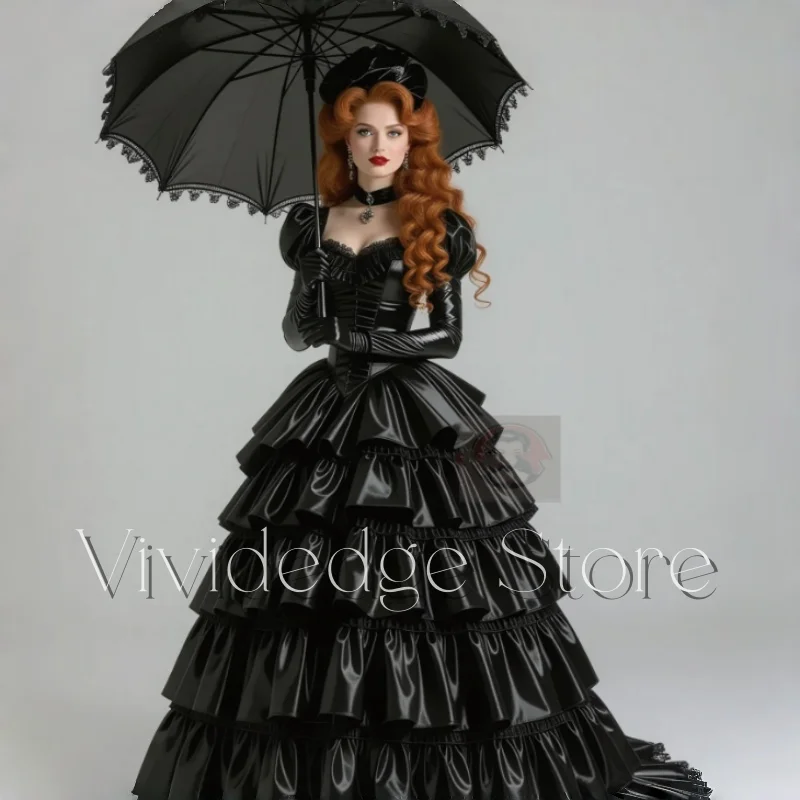 

Черные специальные викторианские вечерние бальные платья трапециевидной формы с V-образным вырезом и длинными рукавами и подолом в пол по индивидуальному заказу