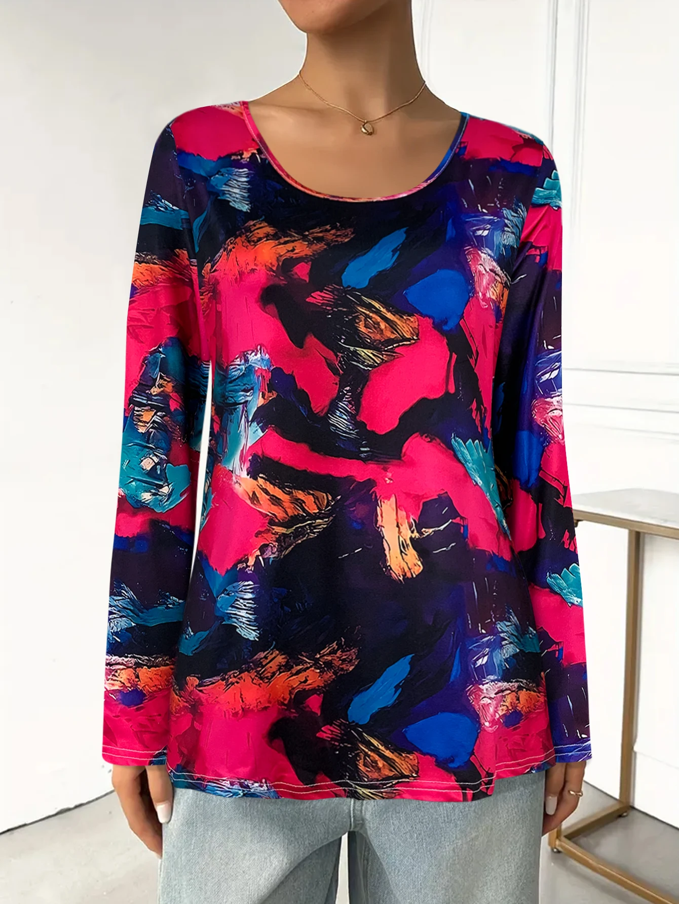 

Women's Long - Sleeve Round - Neck T - Shirt, Vibrant Colorful Abstract Print, Casual & Artistic Daily Wear