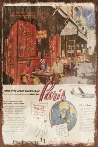 Paris France, Fly Pan Am Travel Advert, Aged Look Vintage Retro Style Metal Sign