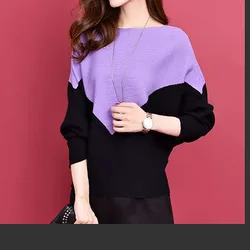 Fashion Slash Neck Spliced Batwing Sleeve Sweater Women's Clothing Autumn New Casual Pullovers All-match Loose Commute Tops