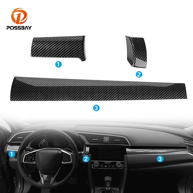 3Pcs Car Interior Dashboard Panel Cover Trim Sticker Carbon Fiber Styling for Honda Civic 10th Gen 2016 2017 2018 2019 2020 2021