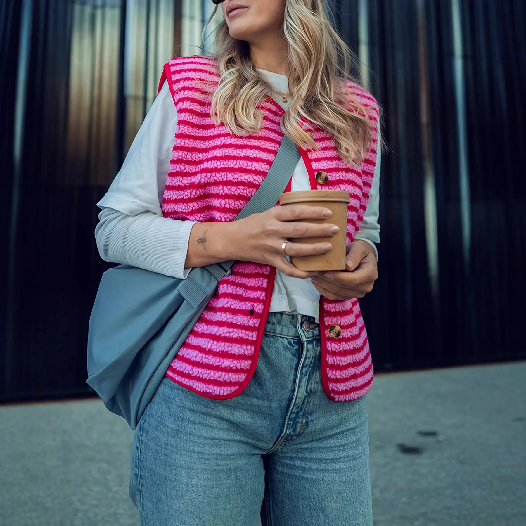 

Women's Clothing Spring Autumn Winter Side Pocket Plush Striped Vest Cardigan Sleeveless Jacket