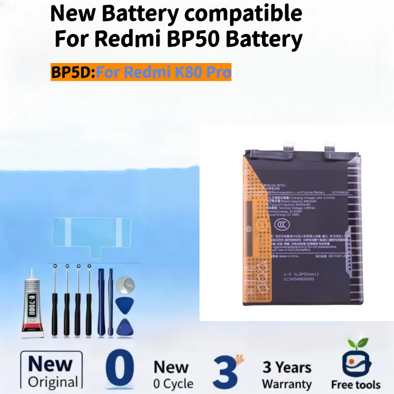 

New Battery compatible For Mi Redmi K80 Pro 6000mAh BP5D Mobile Phone Batteries+ Free Tools
