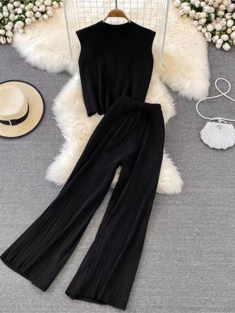 Knitted Autumn 2 Two Piece Set Women Sleeveless Bodycon Modis Ladies Tops High Waist Wide Leg Pants Woman 2023