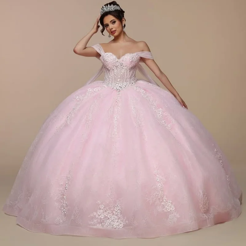

light pink Quinceanera Dress Sequins Decal Lace Layering Long tail off-shoulder Bow Vestidos De 15 Quinceanera ﻿Customize