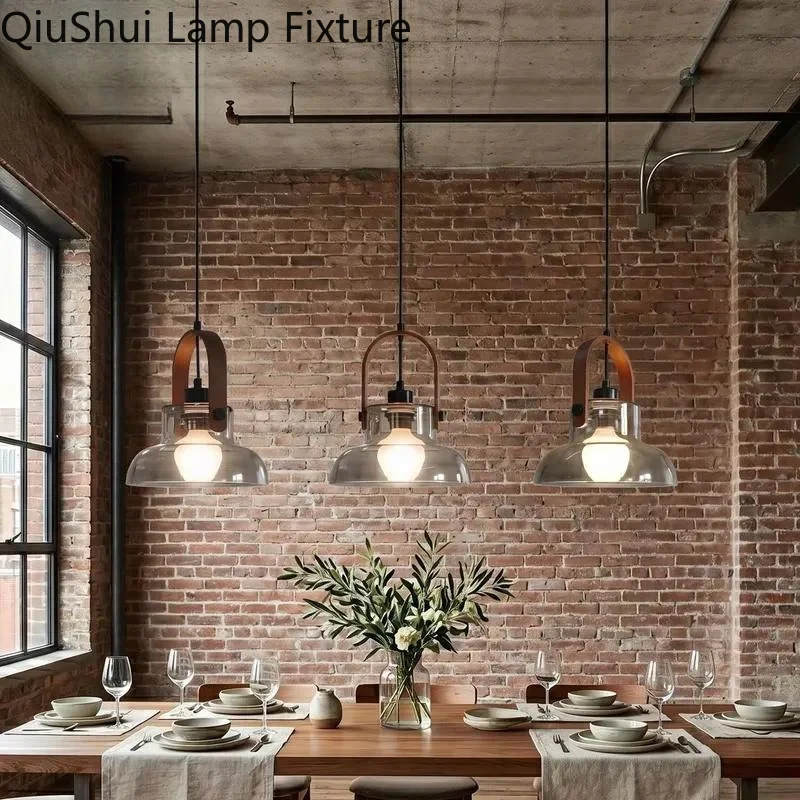 Modern Glass Pendant Light With Ash Walnut Wood Handle Nordic Clear Smoked Glass Hanging Lamp For Dining Room Living Room E27