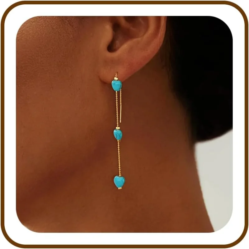 Turquoise Heart Earrings for Women 14K Gold Plated Threader Chain Drop Hypallergenic Dainty Long Dangle Earring Western Jewelry