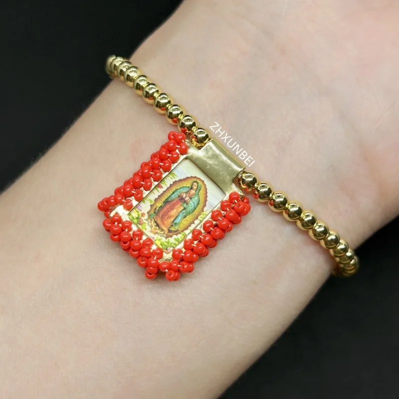 1pc Gold Plated Scapular Medal Bracelet Copper Miyuki Beads Catholic Virgin Mary Guadalupe Pulsera Rope Religious Jewelry Gift