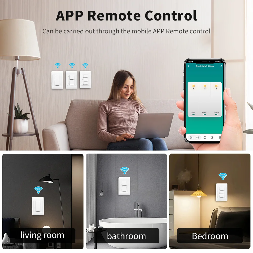 Tuya Light Switch WiFi Smart Wall Push Button Interruptor Switches 1/2/3Gang Physical Lamp Switch Neutral Wire Optional Timer