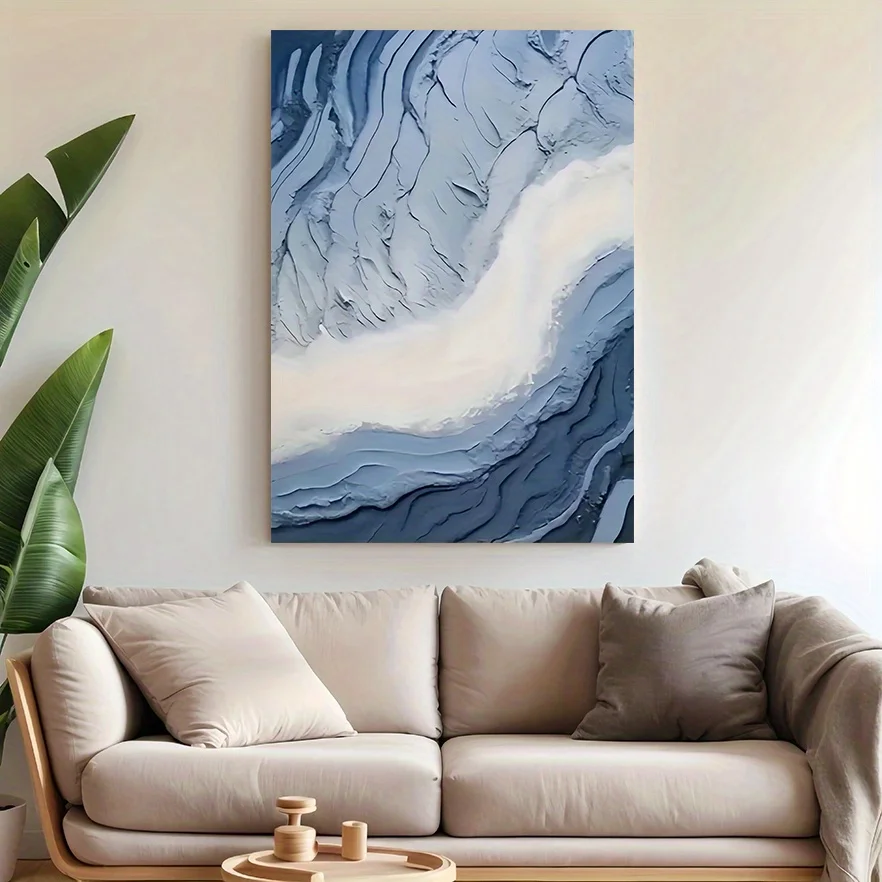 1pc Extra Large Abstract River Beach Painting - Modern Minimalist Canvas Wall Art in Gray & Blue, Textured Landscape De