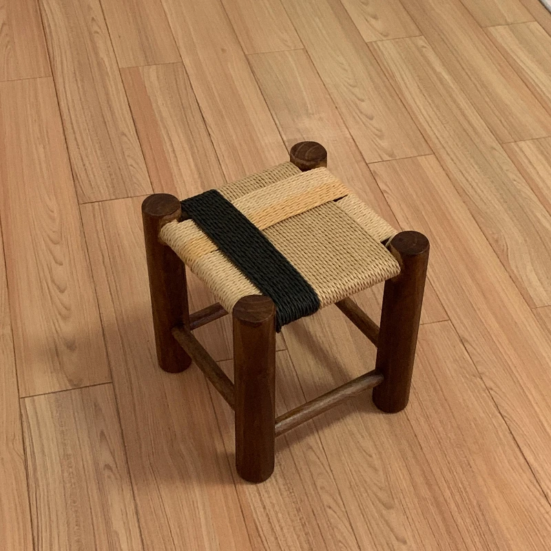 Minimalist Faux Rattan Footstool Rustic Vintage Solid Wood Multi-Purpose Stool for Entryway Balcony Bathroom Living Room