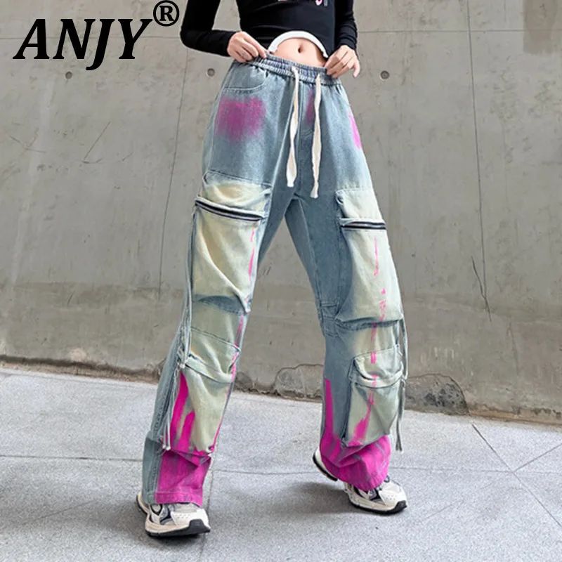 

ANJY Новые женские джинсы прямого кроя с граффити и множеством карманов, топ с открытыми плечами и контрастным узором A21219