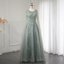 Jancember Luxury Dubai Sage Green Arabic Evening Dress With Cape Sleeves Pink Plus Size Women Wedding Guest Party Gown Sz002