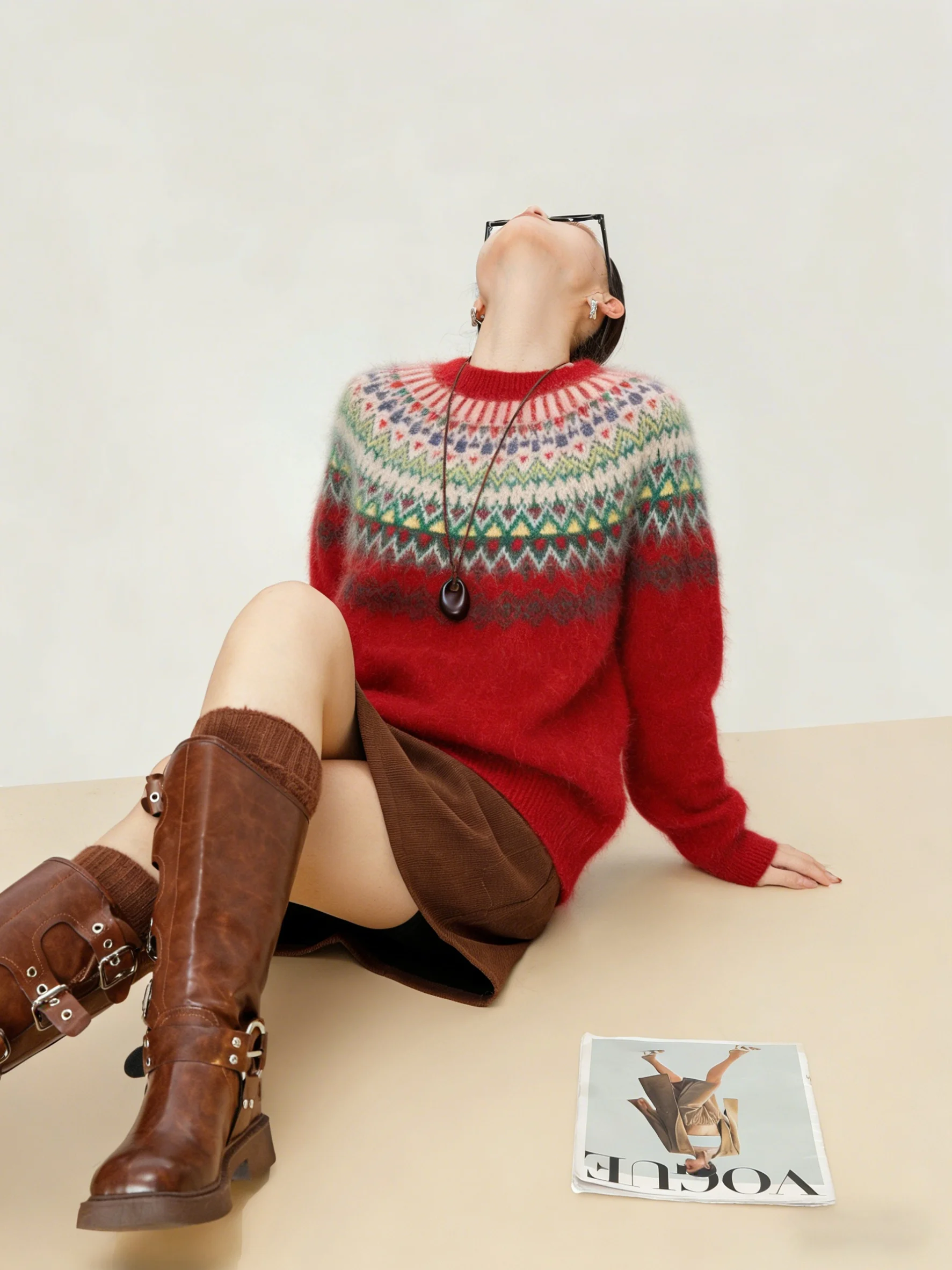 

Красный вязаный свитер с узором «Фейр-айл», на флисовой подкладке, круглый вырез, женский, зимний, для ношения как верхняя, так и нижняя одежда, подходит для новогодних образов...