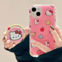 Cute Cartoon Sanrio Hello Kitty Magnetic Grip Holder Magsafe Wireless Charge Phone Case For iPhone 16 15 14 13 12 Pro Max Cover