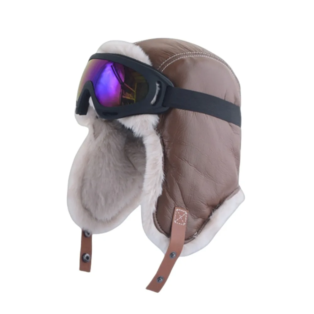 

Модная лыжная кепка из искусственной кожи с очками, теплая милая шапка-пилот, наушники, мягкая уличная одежда