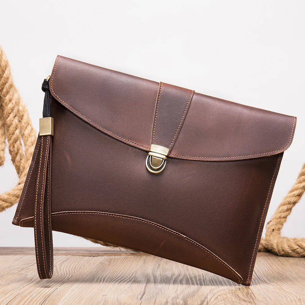 New Arrival Men's Leather Clutch Wrist Bag Vintage Cowhide Hand Grab Bag