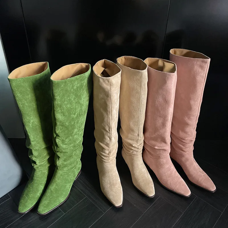 MKKHOU Fashion Knee Length Women Boots New High Quality Frosted Leather Pointed Pleated Low Heel Long Boots Four Seasons Boots