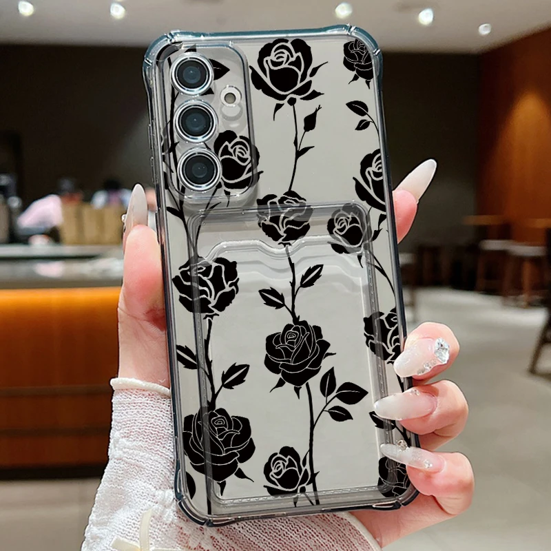Black Rose Pattern Card Bag Wallet Case For Samsung Galaxy S25 FE S26 S24 S23 S22 ultra A57 A37 A56 A17 A55 A16 A15 Soft Cover