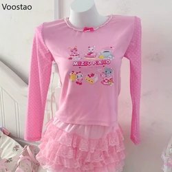 Japanese Kawaii Y2k Lolita Top Women Harajuku Sweet Bunny Bear Print Fairycore T-Shirts Casual Aesthetic Grunge Long Sleeves Tee