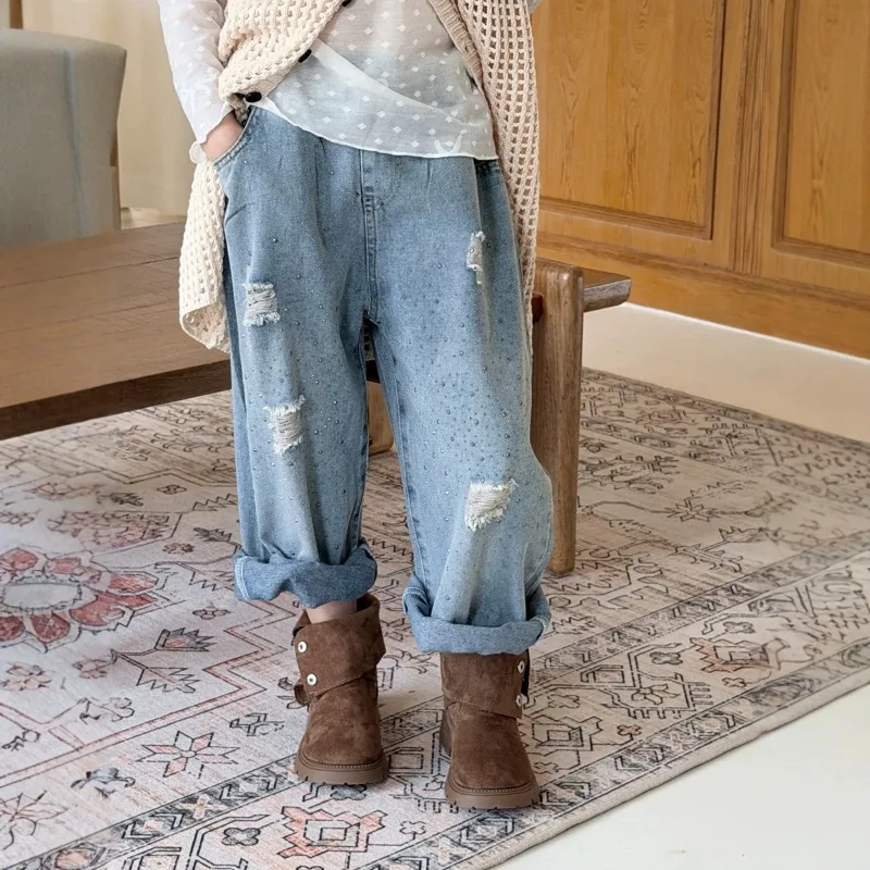 Children's American Retro Jeans for Boys and Girls, Korean Edition, Casual Hot Punched Hole Wide Leg Pants